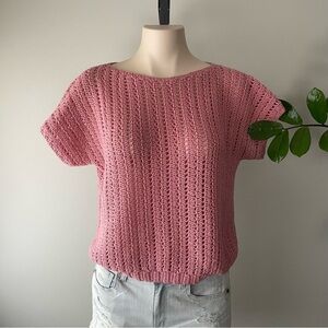Vintage Hand Made Short Sleeve Crochet Knit Sweater Pink Size Large